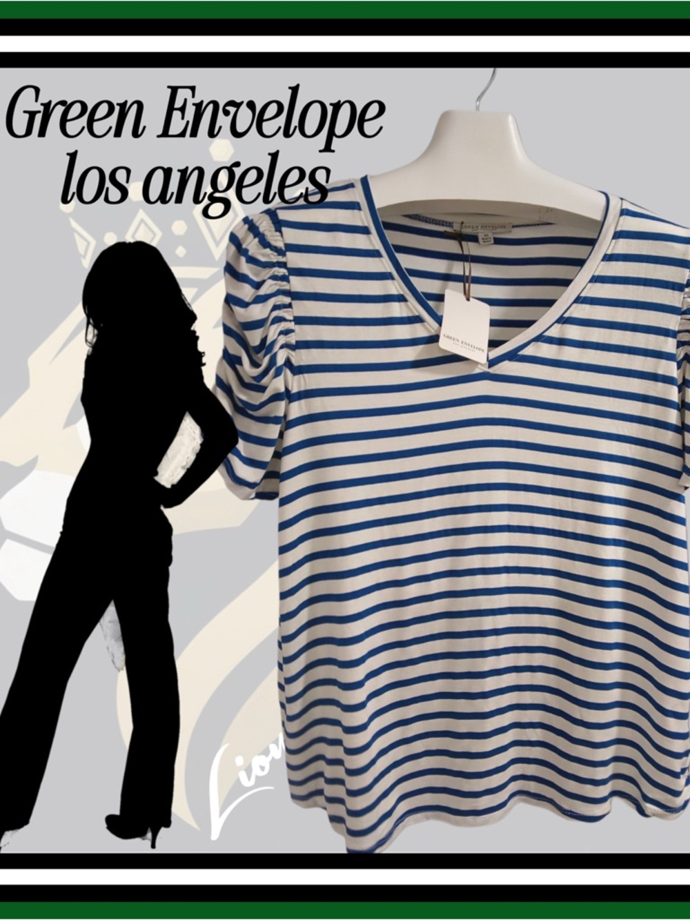 XL Green Envelope - los angeles White & Royal Blue V-Neck, Puff Sleeve Top